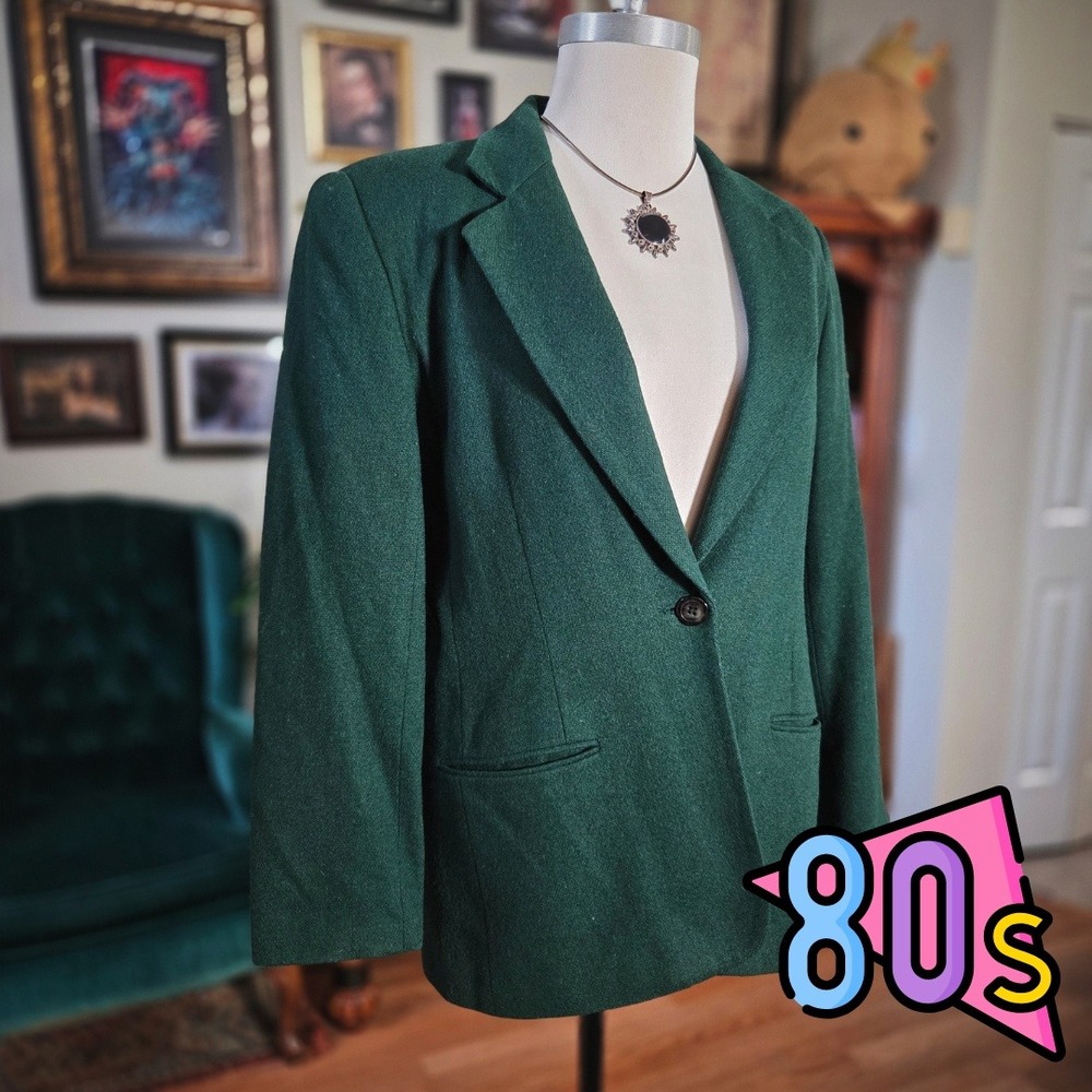 Vintage 80s Joan‎ Leslie Forest Green Single Button Blazer Jacket Tuxedo